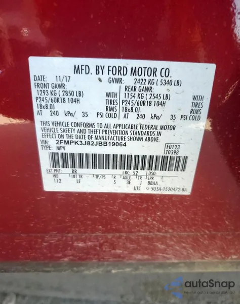 2018 Ford Edge Sel из США, поврежденный, VIN 2FMPK3J82JBB19064